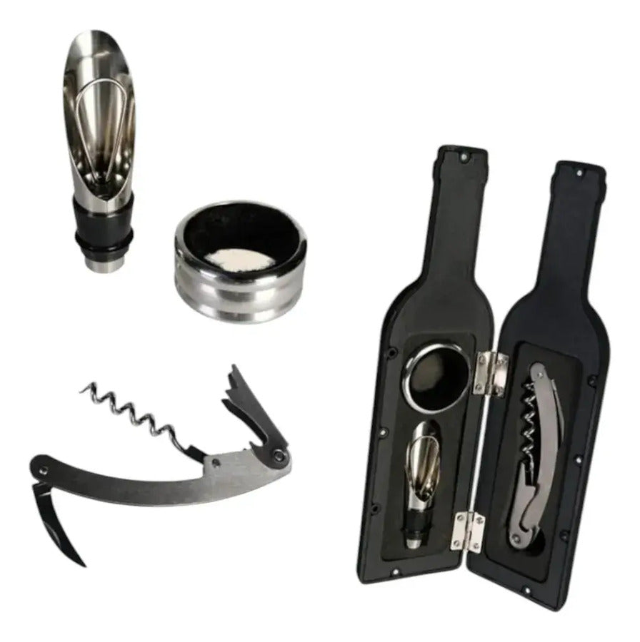 Set De Vino 3 Piezas En Estuche Con Forma De Botella