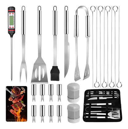 Set 24 Pzas Parrilla Utensilios Parrillero Asador Acero Inox