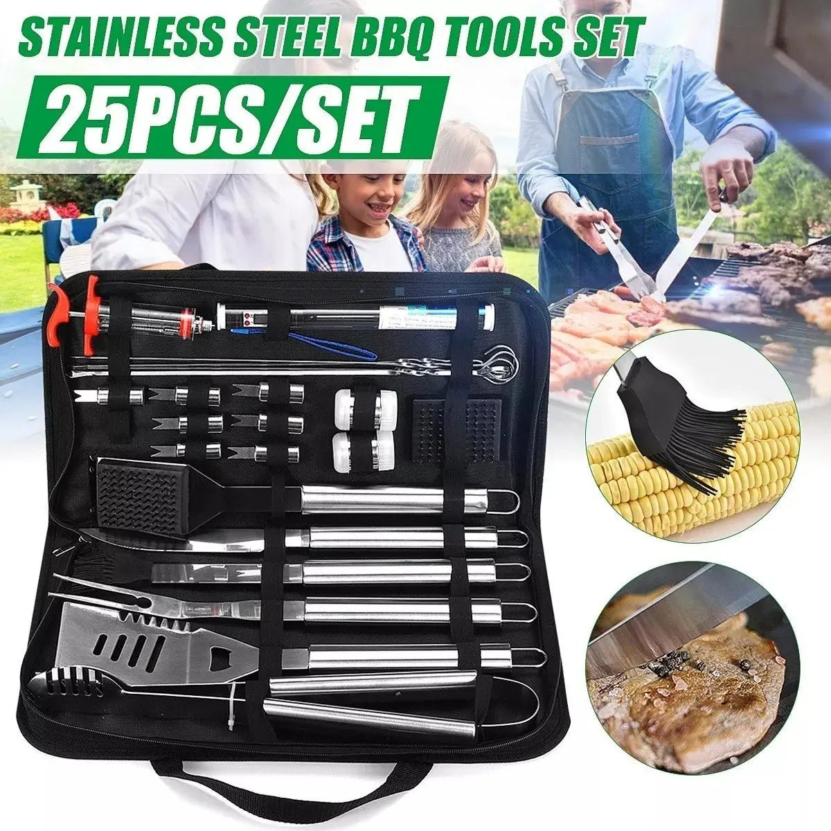 Set 24 Pzas Parrilla Utensilios Parrillero Asador Acero Inox
